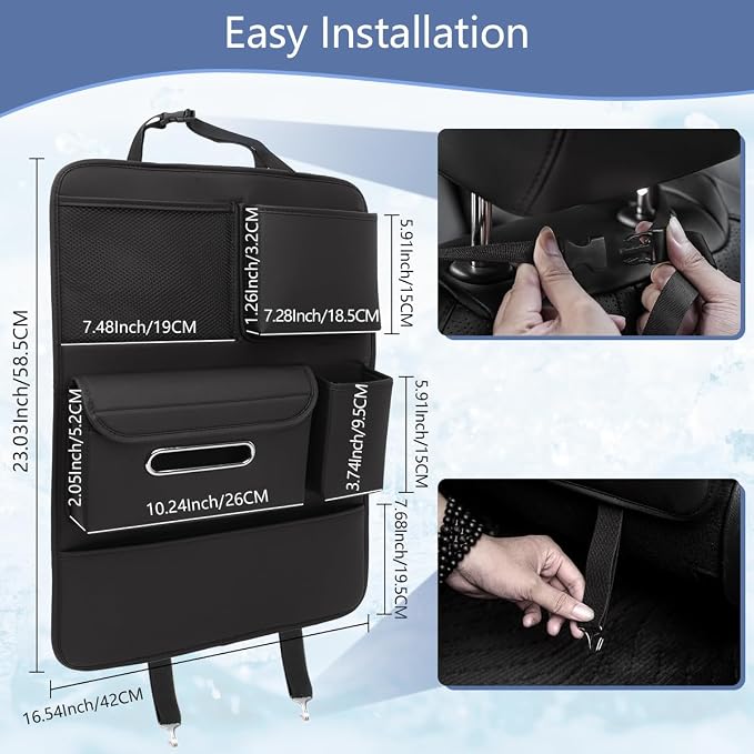 Backseat Car Organizer Including Tissue Holder, Car Interior Organization for Phone Sunglasses Cup Charger Umbrellas, Seat Anti-dirty Protection Pad, Multifunctional Leather Auto Accessories