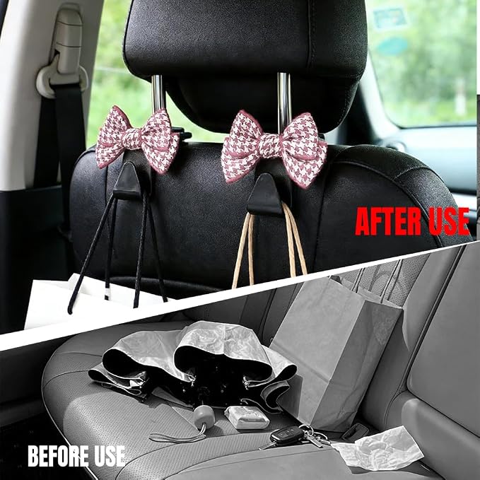 2PCS Car Seat Headrest Hooks, Car Purse Hook, Cute Bow Knot Vehicle Seatback Hanging Storage Organizer, Auto Seatback Decor Organizer Hanger for SUV Truck (Small Houndstooth/Pink)