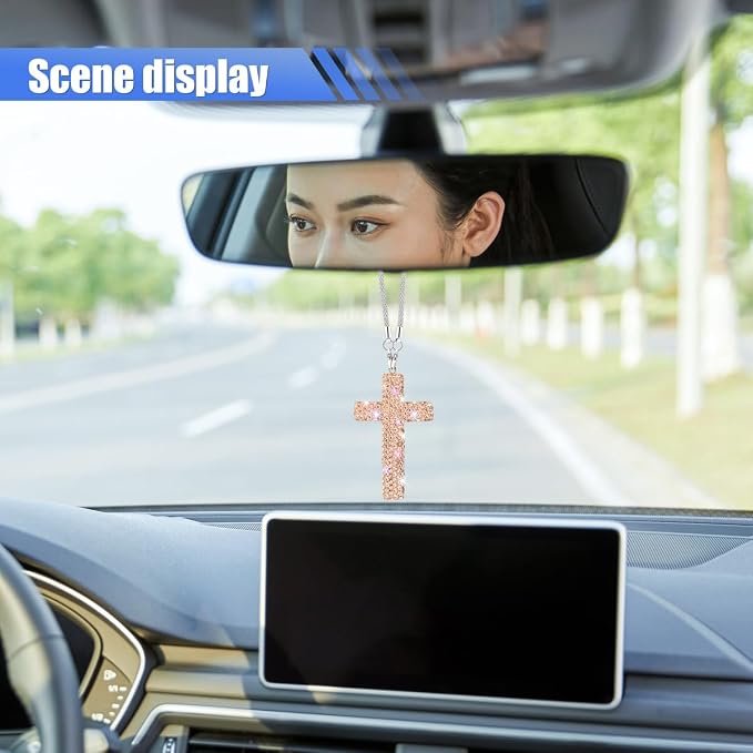 ZIMISI Bling Cross Car Hanging Ornament, Crystal Rhinestone Car Rearview Mirror Pendant for Women, Diamond Rear View Mirror Charm Present, Universal Vehicle Interior Decoration Accessory (Champagne)