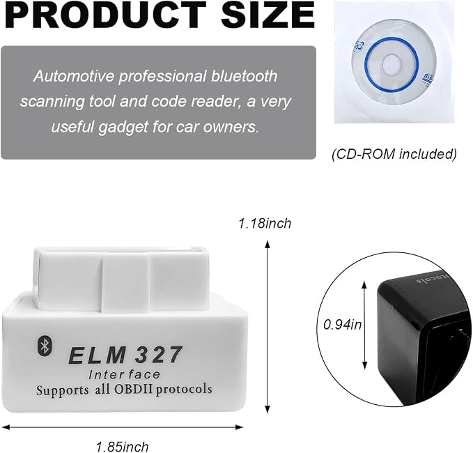 KVAEY OBDII Car Auto Diagnostic Scanner, ELM327 Automotive Bluetooth Scan Tool and Code Reader, Professional Car Bluetooth Engine Fault Code Reader, Universal Car Accessories (White)