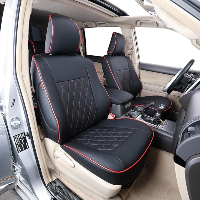EKR Car Seat Covers Custom Fit for Toyota 4Runner(5 Seats) Full Set | for Toyota 4 Runner 2025-2026 Seat Covers for SUV,Airbag Compatible,Pet-resistant,Faux Leather(Black with Red Piping)