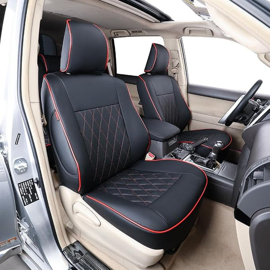 EKR Car Seat Covers Custom Fit for Toyota 4Runner(7 Seats) Full Set | for Toyota 4 Runner 2010-2024 Seat Covers for SUV,Airbag Compatible,Pet-resistant,Faux Leather(Black with Red Piping)