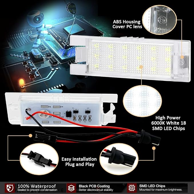 D-Lumina LED License Plate Light Tag Lamp Assembly for 2014-UP Chevy Camaro, 2013-2015 Chevy Malibu, 2011-UP Chevy Volt, Powered by 18-SMD 6000K Xenon White with Error-Free Load Resistors, Pack of 2