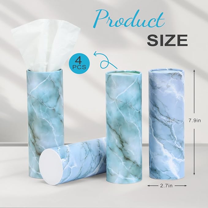 Car Tissue Holder (4 PK) - 50 3-Ply Tissues Cylinder, Fits Car Cup Holders, Portable Travel Tubes Box Container, Marble Design, Round Tissue Container for Car Accessories