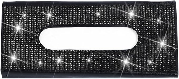 Bling Car Sun Visor Tissue Box Holder, Leather Automotive Napkin Box Holder Organizer with Crystal Rhinestone, Sparkling Vehicles Sun Visor Paper Towel Cover Case, Universal Fit (Black)