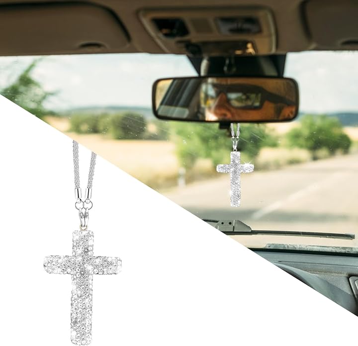 Bling Car Rear View Mirror Accessories Hanging Pendant,Cross Crystal Rhinestone For Car Mirror Hanging,Double-Sided Cross Diamond Religious,Interior Men Women Car Accessories