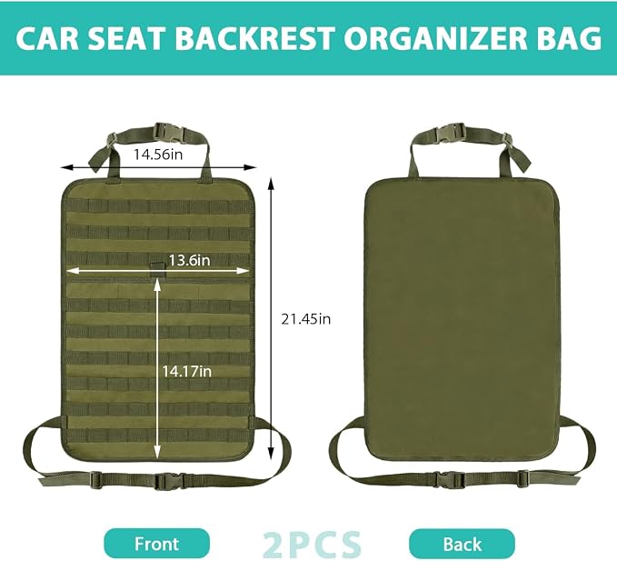 2 PCS Car Seat Back Organizer, Tactical MOLLE Sag Proof Vehicle Panel Backseat Cover Protector, Universal Molle Nylon Storage Bag Seat Back Hanger Pad for Car Truck SUV Pickup (Army Green)