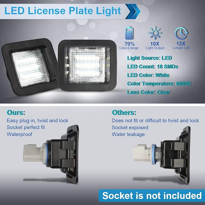 LED License Plate Light Lamp Assembly Compatible with 2015-2020 F150 17-20 Raptor Clear Lens 6000K White, Pack of 2