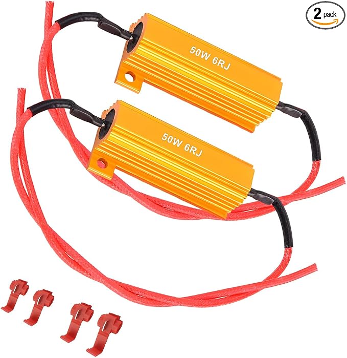 2PCS 50W 6Ohm LED Load Resistors, Automotive LED Turn Signal Resistor Flasher Adaptor with Wire Clips, Vehicle Replacement Resistors for Fixing Hyper Flash Warning Cancellor (Golden)
