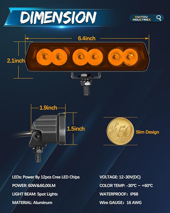 6 Inch Light Bar Amber, SWATOW INDUSTRIES 6" CREE LED Pod Lights Spot LED Ditch Pods Auxiliary Work Lights Bumper Mount Fog Light for Wrangler F150 Toyota Ram Truck SUV UTV ATV Motorcycle