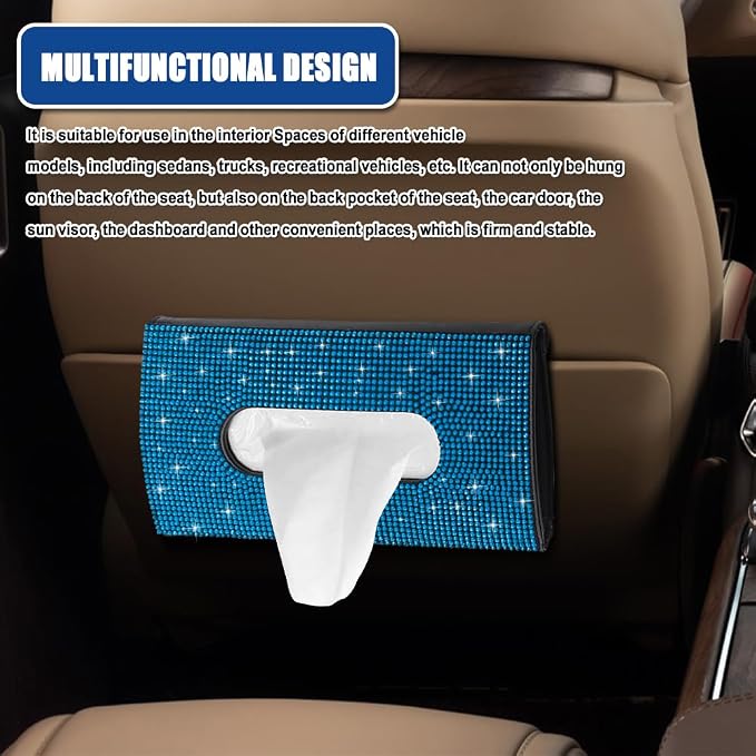 Bling Car Sun Visor Tissue Box Holder, Visor Accessories, Rhinestone PU Leather Crystal Sparkling Napkin Holder, Auto Sun Visor Paper Towel Cover Case Accessories for Most Cars (Blue)