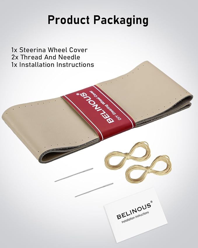 BELINOUS Leather Steering Wheel Cover Lace Up, Stitch on Steering Wheel Wrap, Universal Fit 13-20 Inch Car Truck Pickup Boat, A Whole Piece of Cowhide, DIY w/Needle Thread (Size M4, Light Beige)