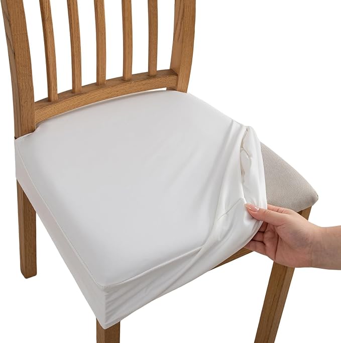 NILUOH Waterproof Seat Covers for Dining Room Chairs Set of 4, Pu Leather Chair Seat Slipcovers Dining Chair Cover Removable Washable Chair Protctor Cover, Rear Covers (PU-White)