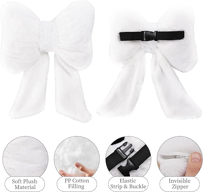 2 Pack Bow Car Headrest Pillows Plush Car Neck Pillows for Travel Driving Office Chair Head Support Cushions, Also Cute Car Decor Accessories (White)