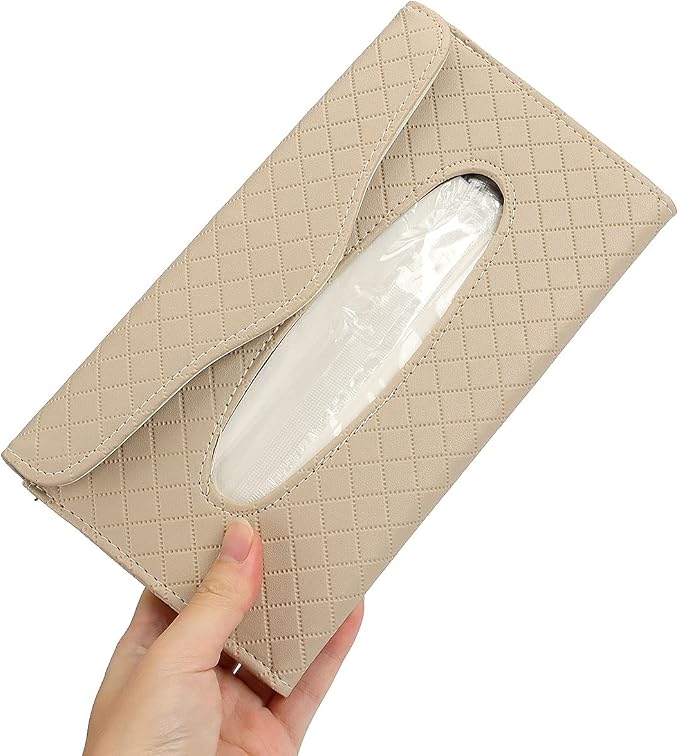Car Visor Tissue Holder - Sun Visor Napkin Holder Backseat Tissue Case, Premium Leather Tissue Box Car Tissue Holder for Car Sun Visor & Seat Back (Beige, 1 Pack)