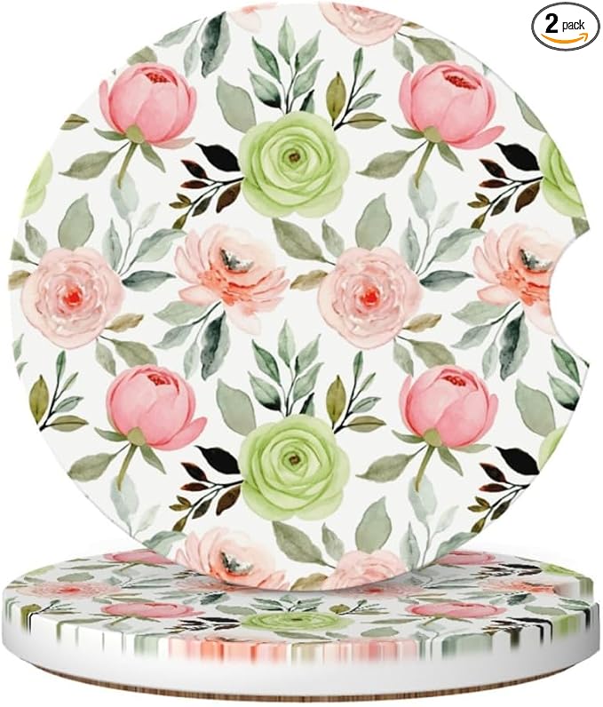 Ceramic Car Cup Coasters 2PCS - Hibiscus Rose | with Cork Back & Finger Slot, Anti-Slip Shock Absorbing, Universal Car Interior Accessories for Men Women