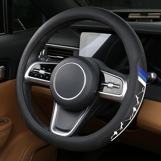 Premium Leather Steering Wheel Cover Compatible with Toyota Tacoma 4Runner Tundra Rav4 Highlander Sequoia,Non-Slip, Breathable 15-16.5inch -Leather-Blue