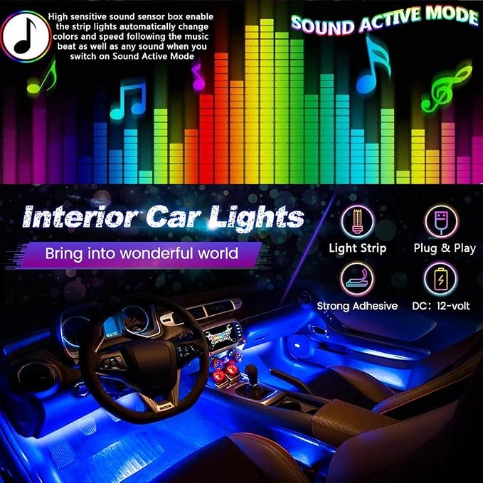 Car LED Strip Lights,72 LED Interior Strip Lights RGB with Smart APP Remote Control,Multicolor Footwell Under Dash Inside Light Kits Music Sync Mode, for Vehicle Internal, SUV, Trucks, 12V
