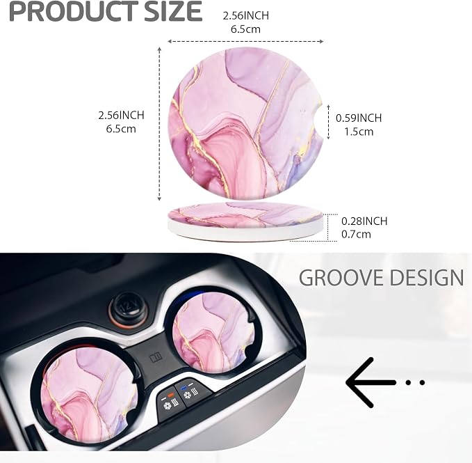 Cup Holder for Car,Pink Gold Liquid Marble Print Ceramic Coasters Non-Slip Cup Holder Insert with Fingertip Grip, Auto Interior Accessories for Women & Men,Pack of 2, 2.56In