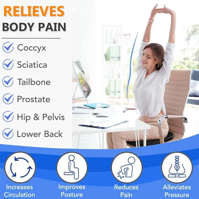Gel Seat Cushion, Large Cooling Gel Cushion Breathable Honeycomb Chair Pads Gel Cushion with Non-Slip Cover for Home Office Chair Car Seat Wheelchair Absorbs Body Pressure Points, As Seen on TV
