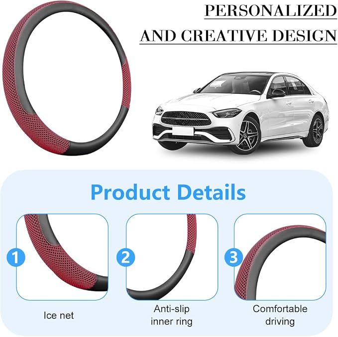 Car Steering Wheel Cover, 14.5-15" Microfiber Leather Ice Silk Breathable Non-Slip Steering Wheel Protector, Cool Auto Interior Decor Accessories, Universal for Truck SUV Van (Red)