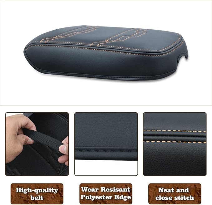 Muslogy Center Console Armrest Cover Fit for Nissan Frontier 2022-2025 2026 Accessories, Comfort Armrest Pad Console Lid Cushion Protector Vegan Leather Regular Thick (V2 Orange Trim)