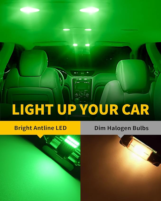 Antline 6614 6641 6612F 6615 F30-WHP TS-14V1CP 28MM 29MM 1.14”LED Bulb Green, Super Bright Canbus Error Free 12 Volt Replacements for Interior Dome Map Vanity Mirror Sun Visor Lights (Pack of 10)