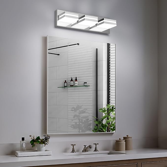 Modern LED Small Bathroom Lights Fixtures 3-Light,Stainless Steel Chrome Acrylic Wall Lighting,Vanity Lights for Bathroom Over Mirror 6000K 16in