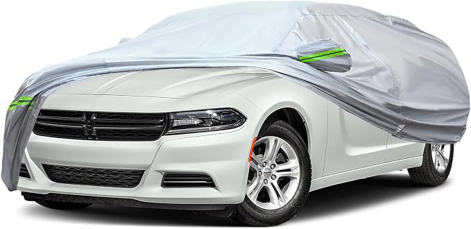 AUQDD 6-Layers Premium Sedan Car Cover Waterproof All Weather Weatherproof UV Sun Protection Snow Dust Storm Resistant Outdoor Exterior Custom Form-Fit Full Padded Car Cover with Straps 197"-208" K4