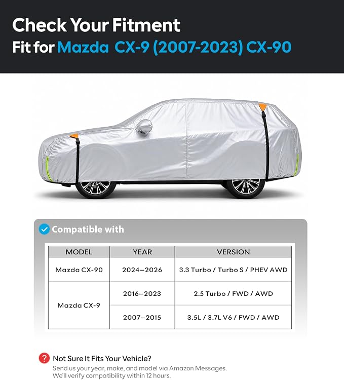 Wigoo Mazda CX-9 CX-90 Car Cover Accessories 2007-2026, Custom Fit Waterproof All Weather Outdoor Indoor Full SUV Cover, Windproof Sun UV Rain Snow Dust Protection, Door Zipper, Reflective Strips