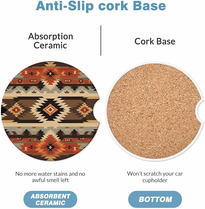 Geometric Pattern Car Coasters for Cup Holders American Style Aztec Car Cup Holder Coasters 2 Pack for Car, Anti Slip Ceramic Car Cup Mat with Finger Notch Cute Car Interior Accessories for Women Men