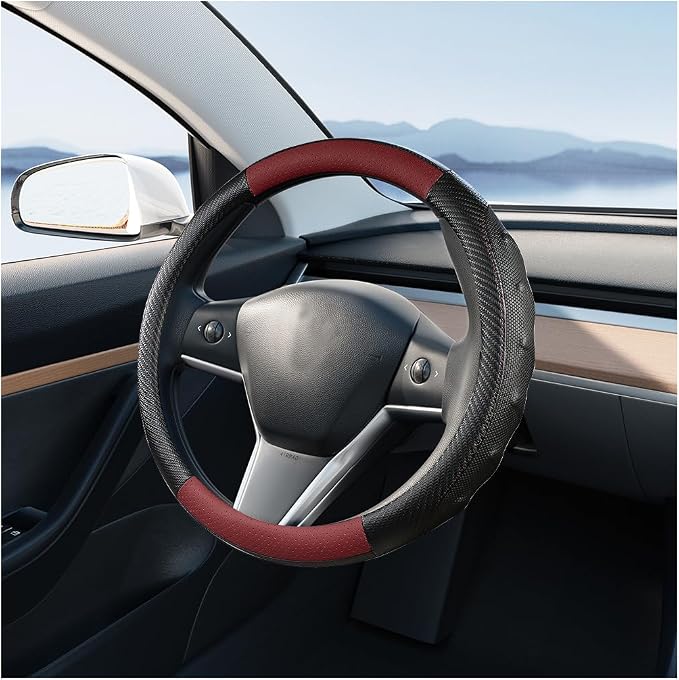 Car Steering Wheel Cover, Breathable Carbon Fiber Vehicle Steering Wheel Protector with Anti-Slip Lining, Automotive Interior Accessories, Universal for SUV RV Truck (Black Wine Red)