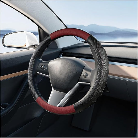 Car Steering Wheel Cover, Breathable Carbon Fiber Vehicle Steering Wheel Protector with Anti-Slip Lining, Automotive Interior Accessories, Universal for SUV RV Truck (Black Wine Red)