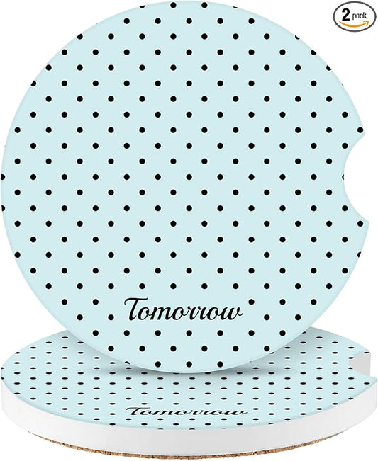 Cute Fashion Polka Dot Car Coasters 2 Pack for Cup Holders, 2.56 Inch Finger Notch Retro 70's Style Ceramics Heat Resistant Anti Slip Cork Base Car Drinks Coasters Auto Accessories-Blue
