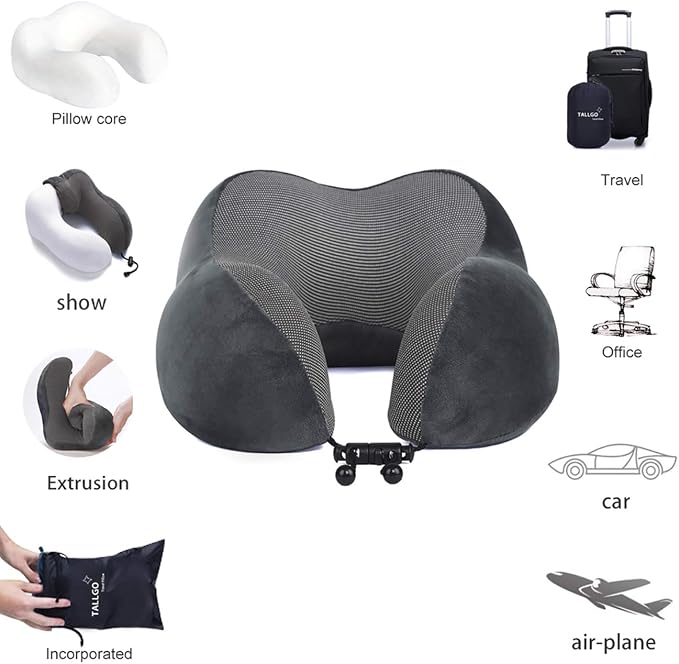 TALLGO Travel Pillow, Best Memory Foam Neck Pillow Head Support Soft Pillow for Sleeping Rest, Airplane Car & Home Use (Grey)