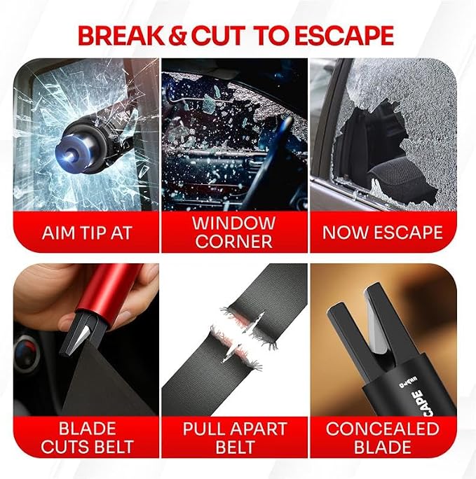 Car Window Breaker Seatbelt Cutter [4 Pack] – Emergency Glass Breaker Tool for Car – 2-in-1 Safety Hammer Life Hammer – Car Essentials, Car Must Haves, Auto Escape Keychain, Emergency Break & Escape