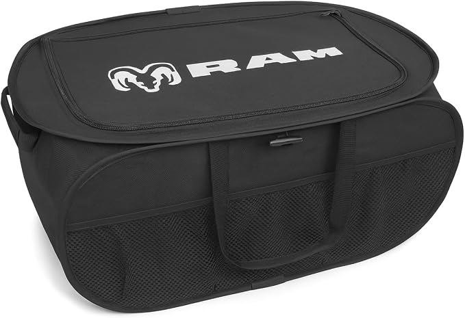 SR1 Performance USA RAM Pop Up Truck Bed & Back Seat Storage Organizer - Expandable Collapsible Cargo Caddy for Dodge RAM 1500, 2500, 3500 & TRX - Black with Logo