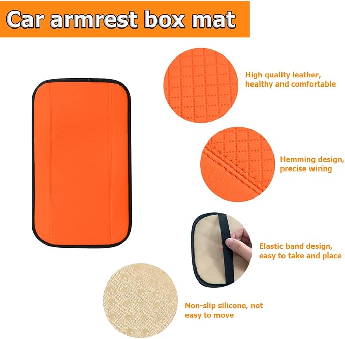 8sanlione Car Armrest Storage Box Mat, Fiber Leather Car Center Console Cover, Car Armrest Seat Box Cover Accessories Interior Protection for Most Vehicle, SUV, Truck, Car (Orange)