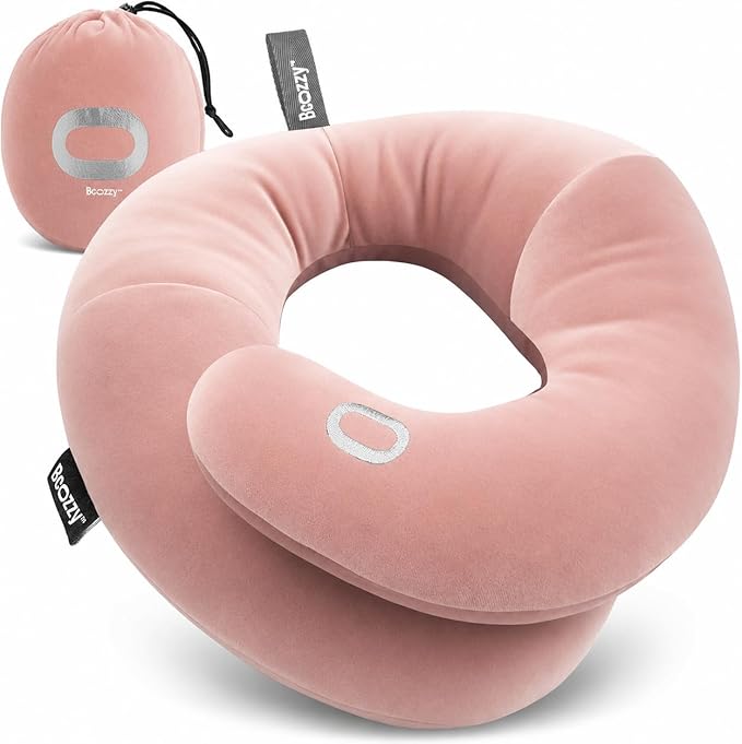 BCOZZY Travel Neck Pillow for Airplane– Patented Double Support for Head, Neck, and Chin. Best for Long Flights, Plane Sleeping, and Car Rides. Adjustable Size. Fully Washable. Carry Bag. Large, Nude