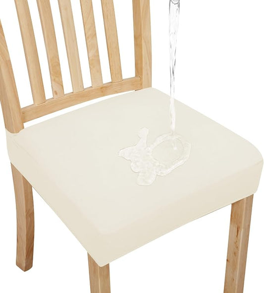 Easy-Going 100% Waterproof Seat Covers for Dining Room Chairs Set of 4, Stretch Chair Seat Slipcovers Protector Removable and Washable Kitchen Dining Chair Covers, Ivory