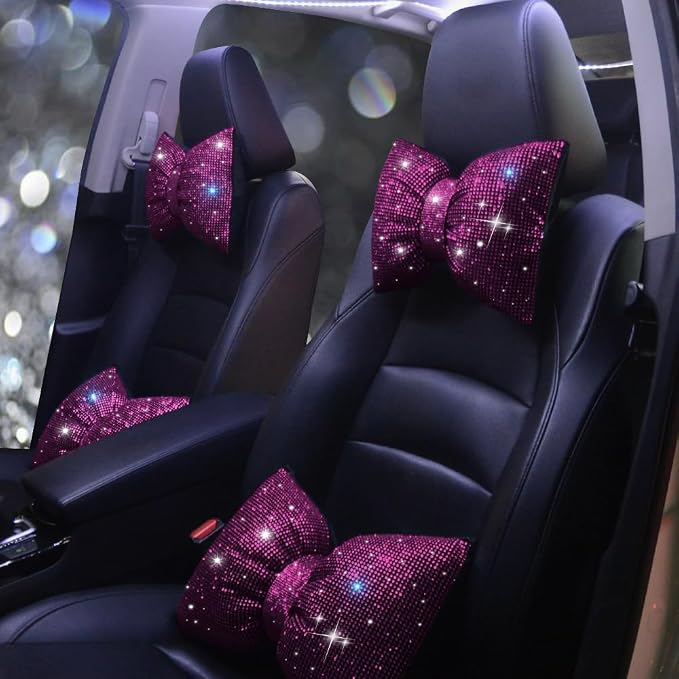 Crystal Seat Head-Rest Pillow Bow Tie Car Neck Headrest Cushion Bling Bling Rhinestones Diamond for Car Girls and Women Neck Support Interior Bling Accessories Purple 2Pcs