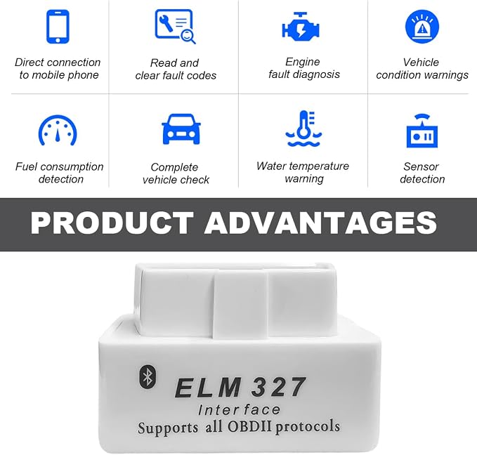 KVAEY 2 PCS OBDII Car Auto Diagnostic Scanner, ELM327 Automotive Bluetooth Scan Tool and Code Reader, Professional Car Bluetooth Engine Fault Code Reader, Universal Car Accessories (White)