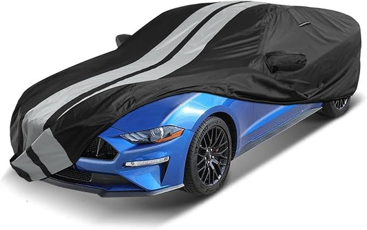 iCarCover Custom Car Cover Compatible with 2005-2023 Ford Mustang, Waterproof All Weather Rain Snow UV Sun Protector Full Exterior Indoor Outdoor Car Covers, Stripe (Black/Gray)