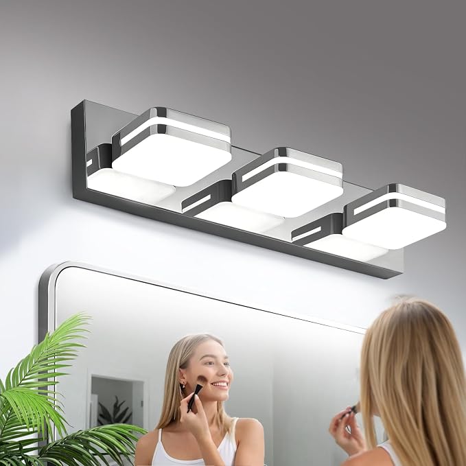 Torondo 360° Rotate LED Bathroom Vanity Light Fixtures, Acrylic Vanity Lights for Bathroom, Modern Wall Lighting Fixtures Over Mirror Living, Chrome, Natural White, 3-Light, 17-Inch