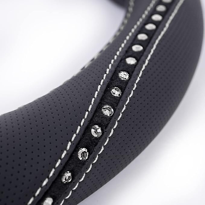 CAR PASS Bling Diamond Black Leather Steering Wheel Cover, Studded Crystal Rhinestones Universal Fit 14" 1/2-15" Glitter for Women Sparkle Girl Fit Suvs,Vans,Sedans,Car,Trucks, Silver Diamond