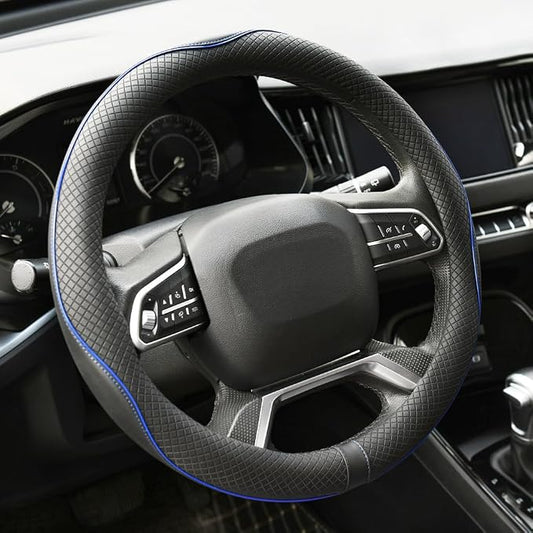 Rueesh Microfiber Leather Steering Wheel Cover Anti-Slip Matte Finish Auto Car Wheel Cover Universal 15 Inch Wheel Cover for Car Embossing Pattern Blue Line