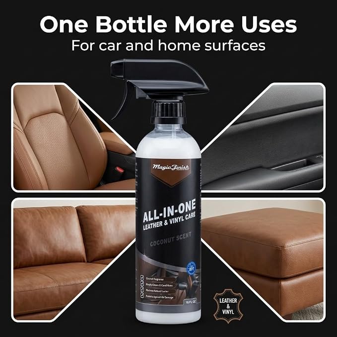 Magic Finish All-In-One Leather Conditioner & Vinyl Restorer (16 oz) – Non-Greasy Formula w/UV Shield – Nourishing Multi Surface Cleaner for Cars & Furniture – Leather Protector Spray (Coconut)