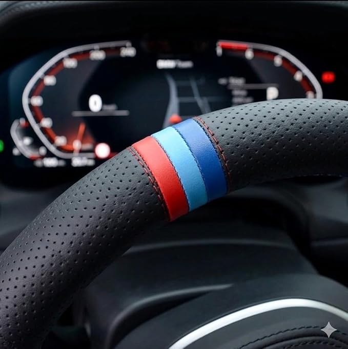 Car Steering Wheel Cover for BMW X3 X5 3 5 Series, Microfiber Leather | Universal fit for BMW 14.5-15 inch wheels (2003-2026). Trendy S-shaped pattern design in durable black leather.