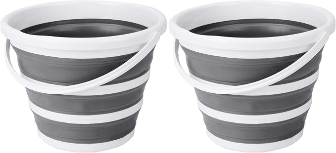 Eurow Indoor and Outdoor Collapsible Bucket with Handle, 10 Liters, 2.6 Gallons, Gray and White (Pack of 2)