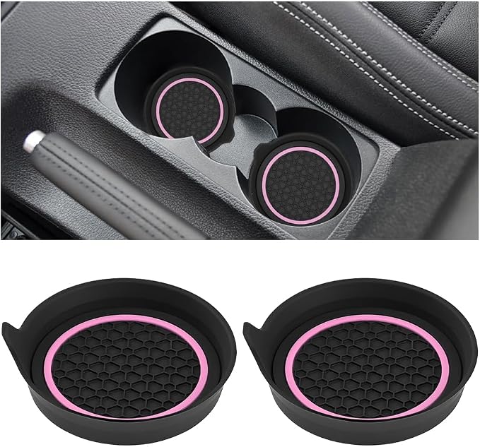 HZEL Car Cup Holder Coasters, 2PCS Non Slip Waterproof Vehicle Water Bottle Pads, Recessed Automotive Drink Mat Decoration Accessories, Universal Fit (Pink/Black)